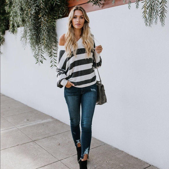 Alexa Brush Knit Stripe Top - Oatmeal/Charcoal - Picture 3 of 8